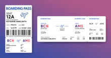 Paper And Mobile Boarding Pass. Responsive Design Of Air Ticket. Airline Data Card Mockup. Flight Check-in Document Template. Vector Illustration.