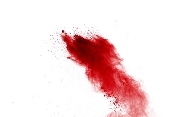 Red powder explosion on white background. Colored cloud. Colorful dust explode. Paint Holi.