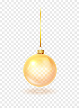 Gold Christmas glass toys on a transparent background. Christmas ball hanging on gold string. Template shiny toy. Vector glass xmas bauble template. Isolated object