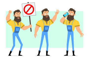 Cartoon flat funny strong muscular bearded lumberjack in blue jeans. Ready for animation. Man talking on phone and holding no entry sign. Isolated on green background. Vector icon set.