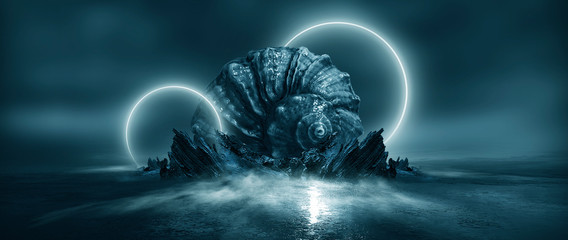 futuristic night landscape with abstract landscape and island, moonlight, shine. dark natural scene 