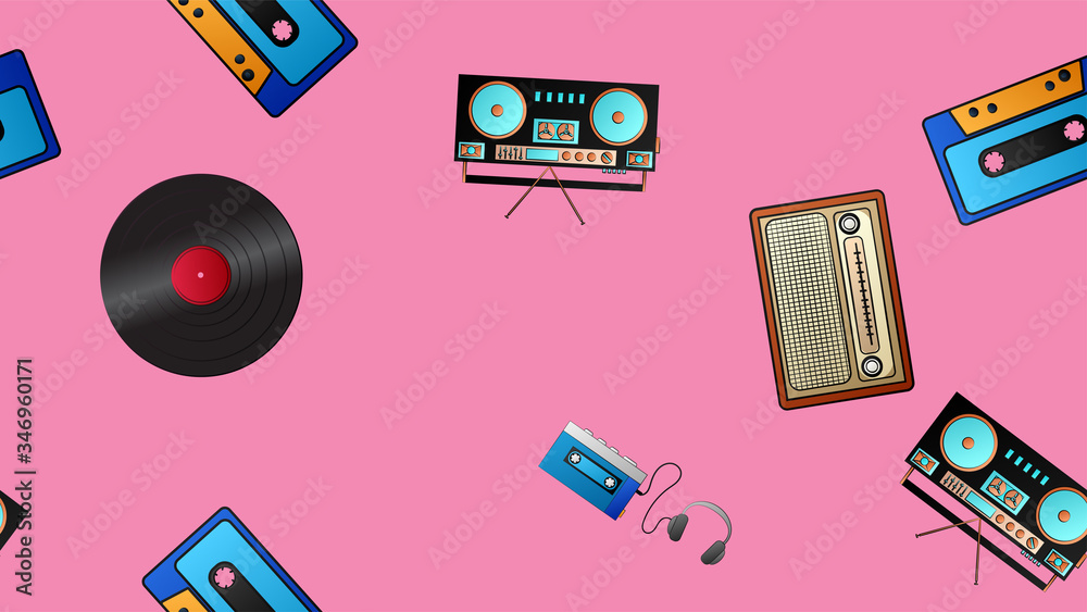 Seamless pattern of retro old hipster music audio cassette players and ...