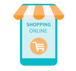 Shopping online in an online store on smartphone and mobile application. Phone with awning. Vector illustration in flat design.