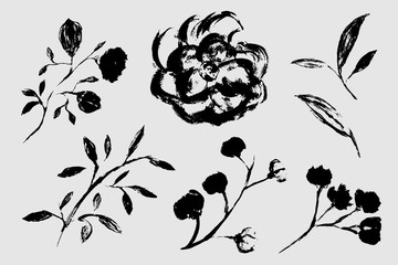 Black white is a seamless pattern. Monochrome pattern consists of flowers and leaves drawn by hand brush. A beautiful repetitive pattern of plants and flowers. Vector eps illustration.