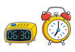 Yellow digital and retro alarm clock isolated