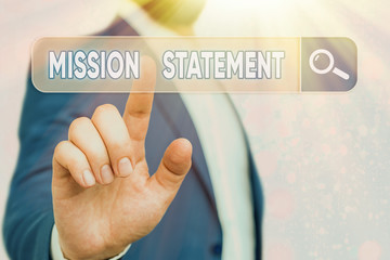 Poster - Text sign showing Mission Statement. Business photo showcasing Formal summary of the aims and values of a company
