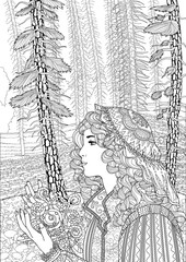 Wall Mural - Coloring book for adults with the beautiful medieval lady standing in the coniferous forest