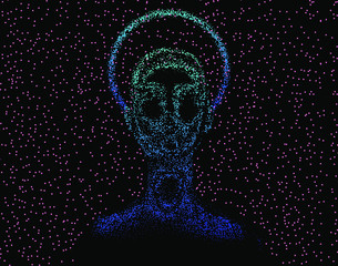 Poster - Human female head with halo or aureola made of particles, starry sky on the background. Concept of Church of Artificial Intelligence, Futuristic  religion and transhumanism.