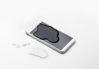 water drop on samartphone mobile on top view, waterproof phone concept