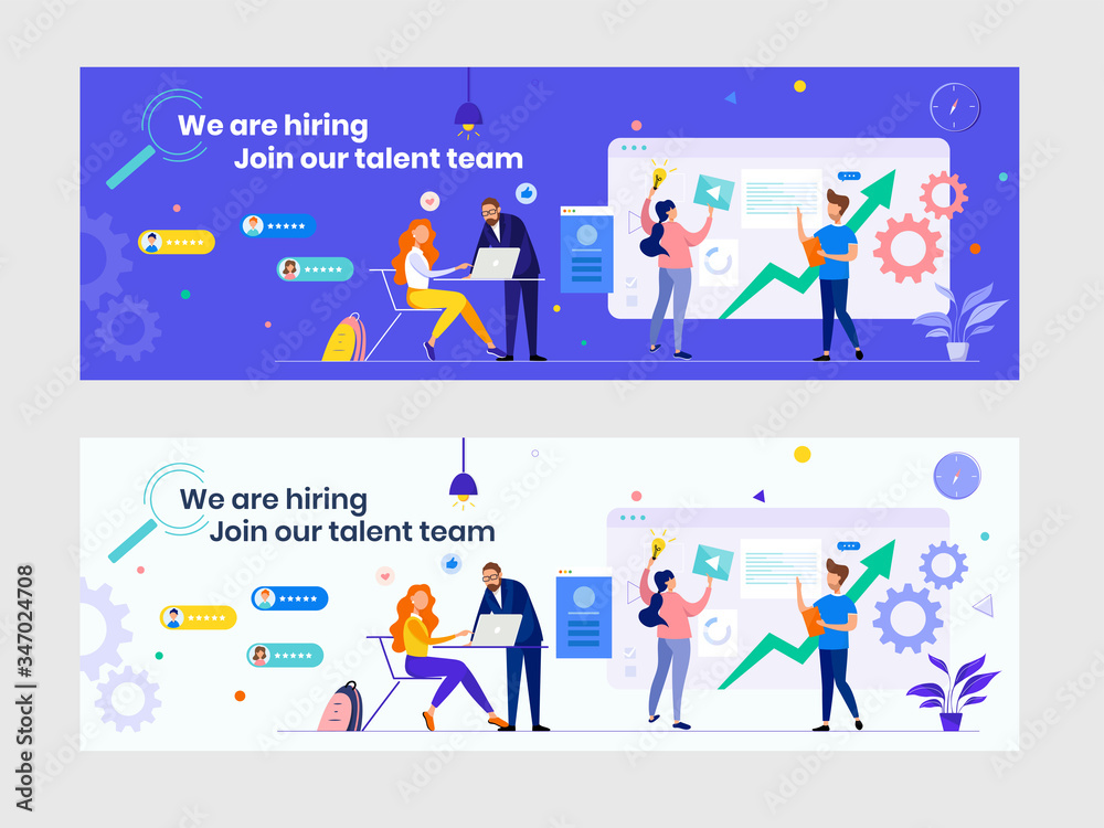 We are hiring recruitment banner with flat people. HR manager, hire employees to join our company. Job vacancy. Business teamwork consulting concept. Great for Twitter, Facebook, Linkedin etc cover - obrazy, fototapety, plakaty 