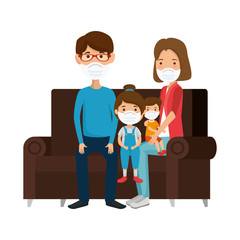 Poster - parents with children using face mask in couch vector illustration design