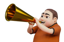 3d Rendering Of The Cute Fat Boy Shouting Into The Golden Retro Megaphone, Isolated On White Background With Clipping Paths.