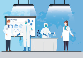 Wall Mural - microbiology infographic for covid 19 with medical staff vector illustration design