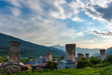 Wall Mural - landscape with ancient svaneti tower and mountains