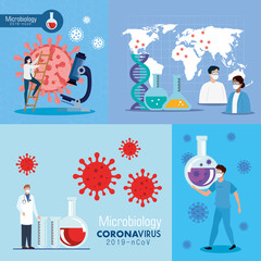 Poster - set poster of microbiology for covid 19 and medical icons vector illustration design