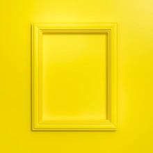 Yellow Frame On Yellow Background 3d Rendering. 3d Illustration Modern Picture Frame, Empty Yellow Border Frame, Blank Picture Frame On Yellow Wall Template Minimal Concept.