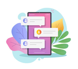 Fototapete - Online chat messages text notification on mobile phone vector or flat cartoon smartphone sms speech bubbles push alerts on screen, digital or electronic chatting on cellphone modern trendy image