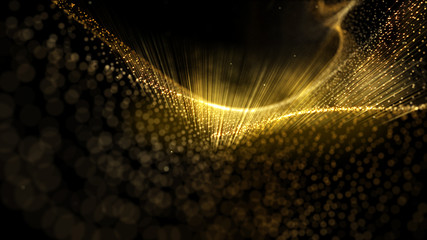 Wall Mural - Digital Gold Particles Wave and light abstract background with shining floor particle stars dust. Futuristic glittering Luxury golden sparkling on black background.