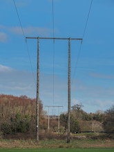 Tall Wooden Electricity Poles Against Blue Sky In Nature Environment.