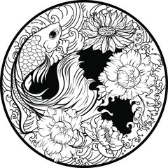 Wall Mural - Colorful Siamese fighting fish or betta fish swimming in Japanese wave with peony and daisy flowers for hand drawn tattoo art design in  geometric and circular ornament frame