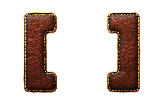 Set of symbols left and right bracket made of leather. 3D render font with skin texture isolated on white background.