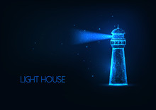 Futuristic Glowing Lo Polygonal Lighting House With Light Beam Isolated On Dark Blue Background.