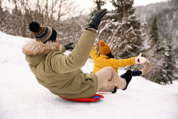 Poster - Couple sliding on snowy hill. Winter vacation