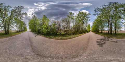 Wall Mural - full seamless spherical hdri panorama 360 degrees angle view on no traffic asphalt road among tree alley in summer day in equirectangular projection, ready  VR AR virtual reality content