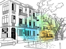Nice Old Street In Tel Aviv, Romantic Urban Landscape, Israel. Colourful Ink Line Sketch. Hand Drawing. Vector Illustration On Blob Watercolour Background