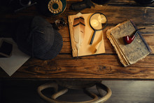 Flat Lay Composition With Vintage Detective Items On Wooden Table