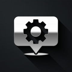 Silver Location with gear icon isolated on black background. Long shadow style. Vector Illustration