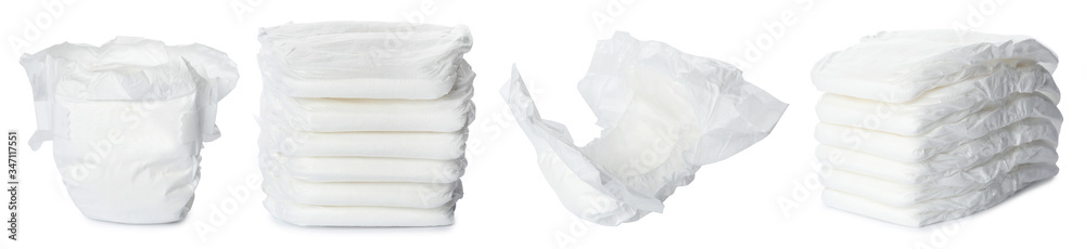 Set of baby diapers on white background. Banner design - obrazy, fototapety, plakaty 