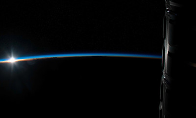 Wall Mural - view of planet earth horizon from a space station window during a sunrise 3d rendering elements of t