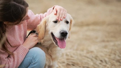 Poster - Cute teenage girl petting adorable dog outdoors