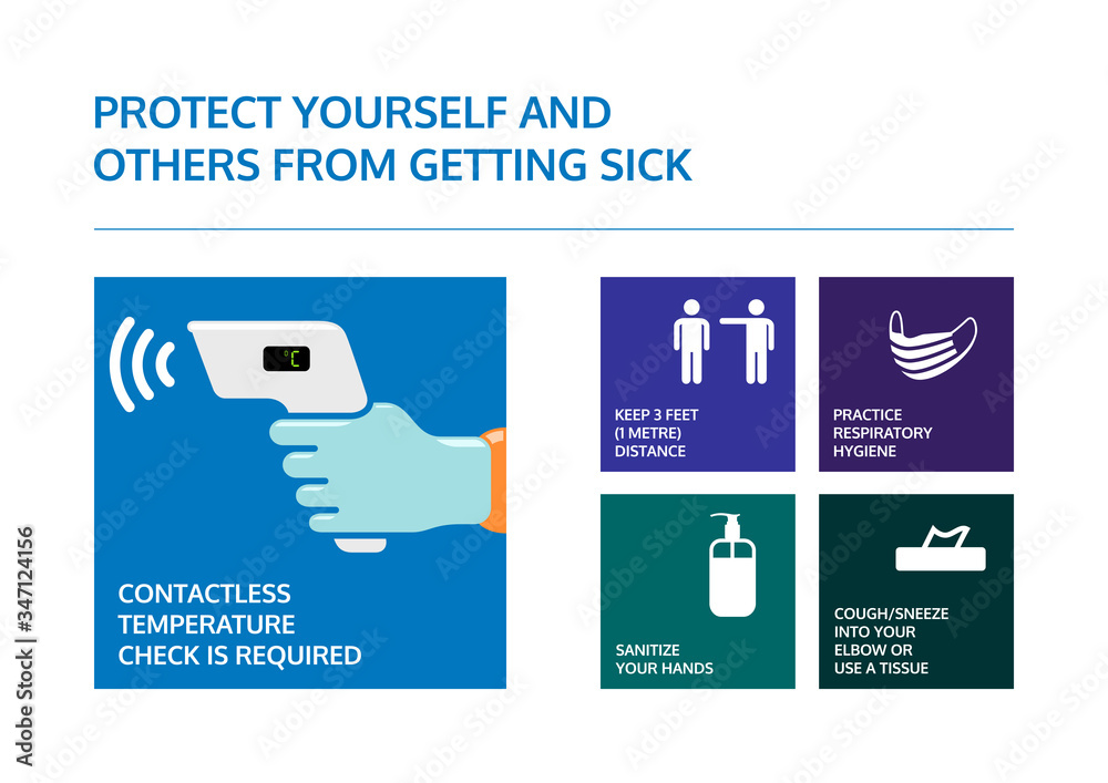 Covid-19 coronavirus prevention poster. Contactless temperature check is required. Info graphic for keep 3 meters distance, wear a face mask, use hand sanitizer and cough in to elbow or use a tissue. - obrazy, fototapety, plakaty 