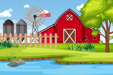 Wall Mural - Background scene with red barn and windmill on the farm