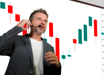 Wall Mural - confident successful trader man with headset speaking at event coaching trading business at auditorium or conference room teaching stocks and forex market