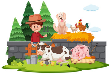 Poster - Farm scene with farmer and many animals on the farm