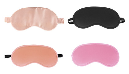 Poster - Set of different sleeping eye masks on white background, top view. Bedtime