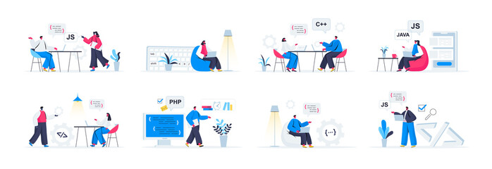 bundle of programming scenes. frontend and backend developers working in office, software design and