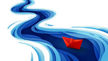 The Journey Of The Origami Red Paper Boat On Winding Blue River