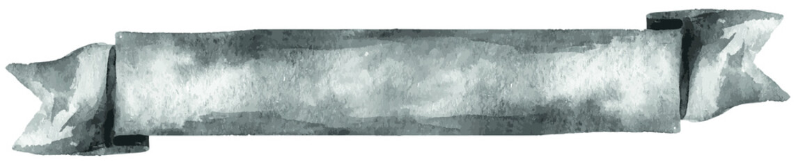 Watercolor gray ribbon. Hand painted banners isolated on white background.