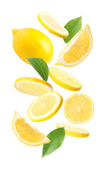 Set of falling delicious lemons on white background