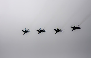 Combat aircraft fly in formation on May 9 Victory Parade