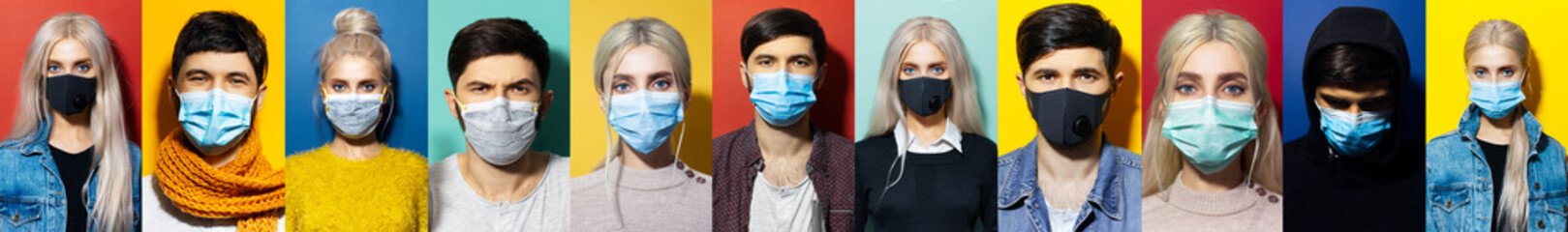 Collage of studio portraits of young girl and guy wearing medical respiratory face mask against coronavirus on colorful backgrounds.