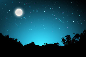 Night landscape with silhouettes of mountains and sky with stars and fullmoon, Starry night sky background.  blue sky with shinning stars, vector illustration