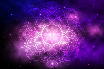 Circular Flower Mandala with galaxy background, Vector mandala Oriental pattern, Hand drawn decorative element. Unique design with petal flower. Concept relax and meditation use for page logo