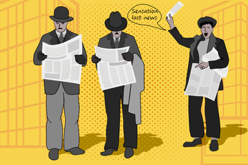 illustration image of two businessmen stopping to read financial news of newspapers as they go nearb