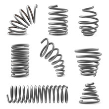 Set Of Various Shaped Metal Springs Tapering, Expanding In Different Places. Compressed, Extended Coils.