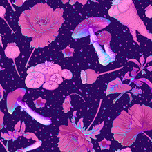 Seamless Pattern, Background With Miraculous, Hallucinogenic Plants In Botanical Style In Neon Colors. Vector Illustration